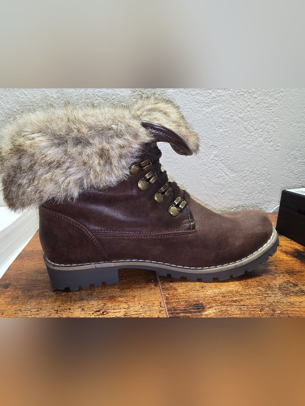 Cliffs by WHITE MOUNTAIN Dark Brown Faux-Fur Cuff Lug Ankle Boots